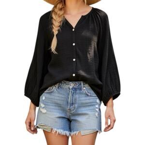 Tommy Bahama Island Soft Waffle Knit Balloon Sleeve Top Black XXS